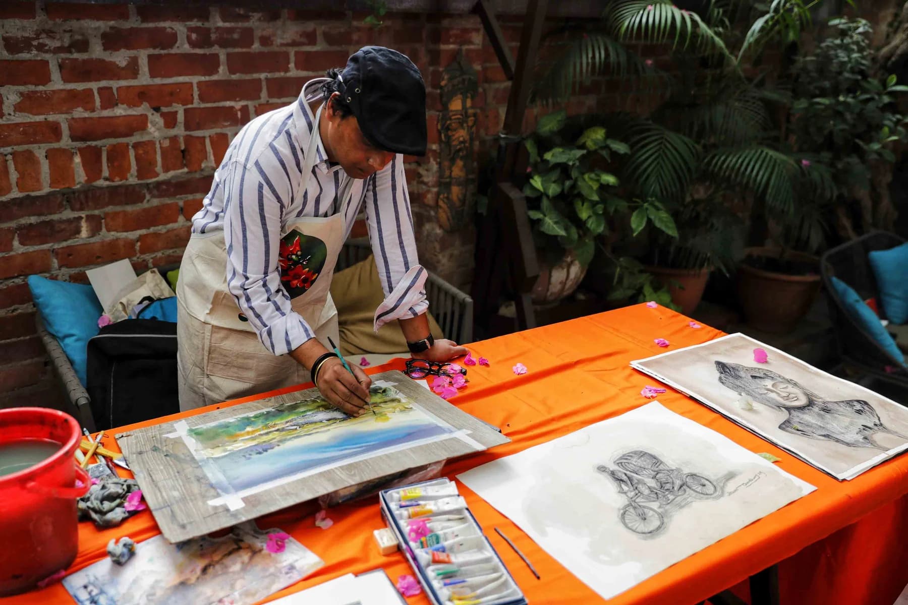 Watercolours in progress — the Live Drawing and Exhibition day at Gallery Cosmos