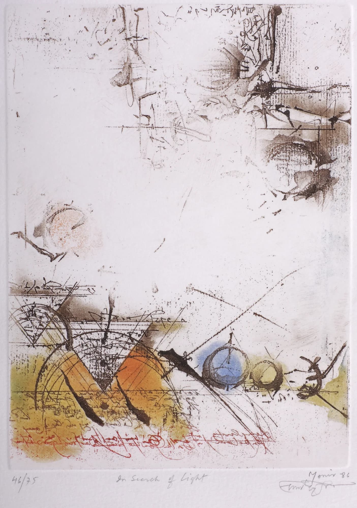 In Search of Light by Monirul Islam, incised lines and ochre washes on a pale sheet