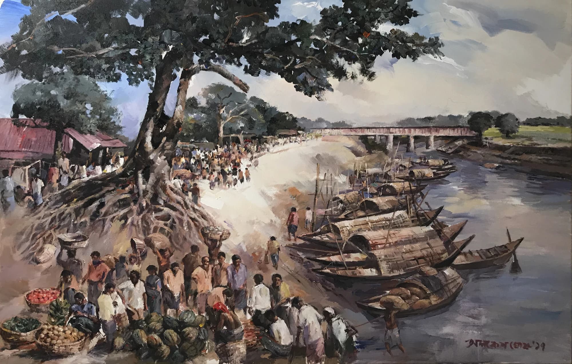 Painting by Alakesh Ghosh of a riverside market with moored boats beneath a large tree